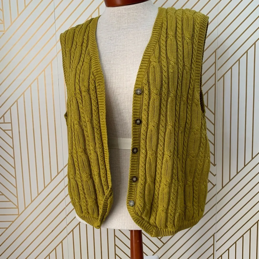 Vintage Karen Scott Fairy Core Forest Nymph Cable knit Sweater Vest Chartreuse L - Picture 11 of 11
